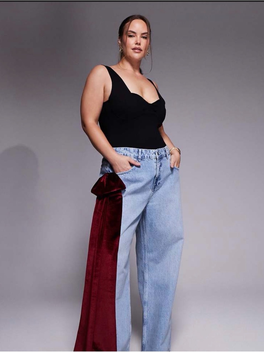 ASOS Luxe Curve Wide Leg Light Blue Jeans Red Velvet Bow UK 12 US 8